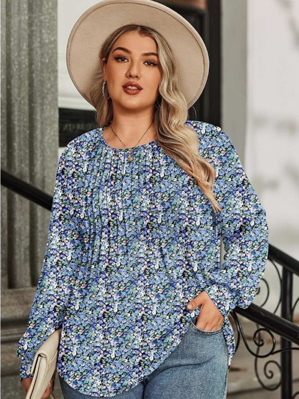 Blue Floral Pintuck Long-Sleeve Women's Top